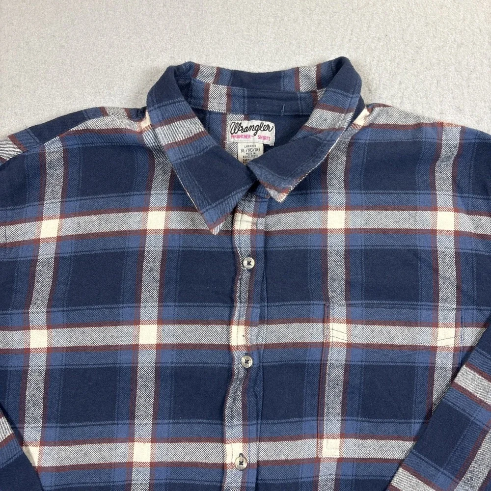 Wrangler Wrancher Western Button up Flannel‎ Shirt Blue Plaid Women's Size XL